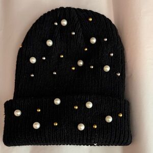 Hat Attack Black Beanie with Pearl and Gold Accents